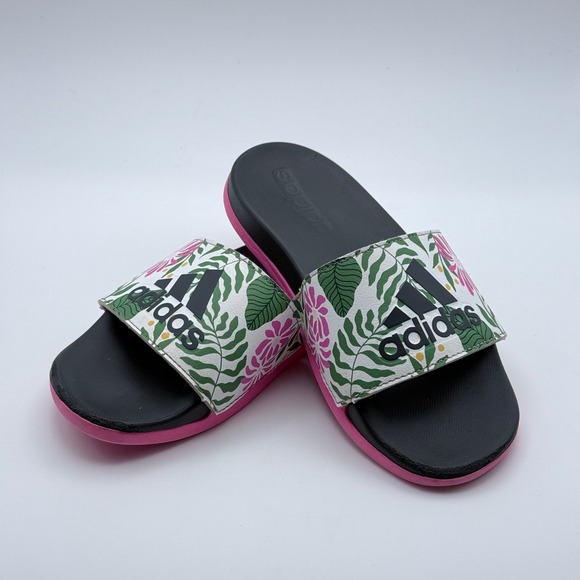 adidas Other - Adidas Adilette Comfort Kids Slides Tropical Floral Pink Black White Size 13K